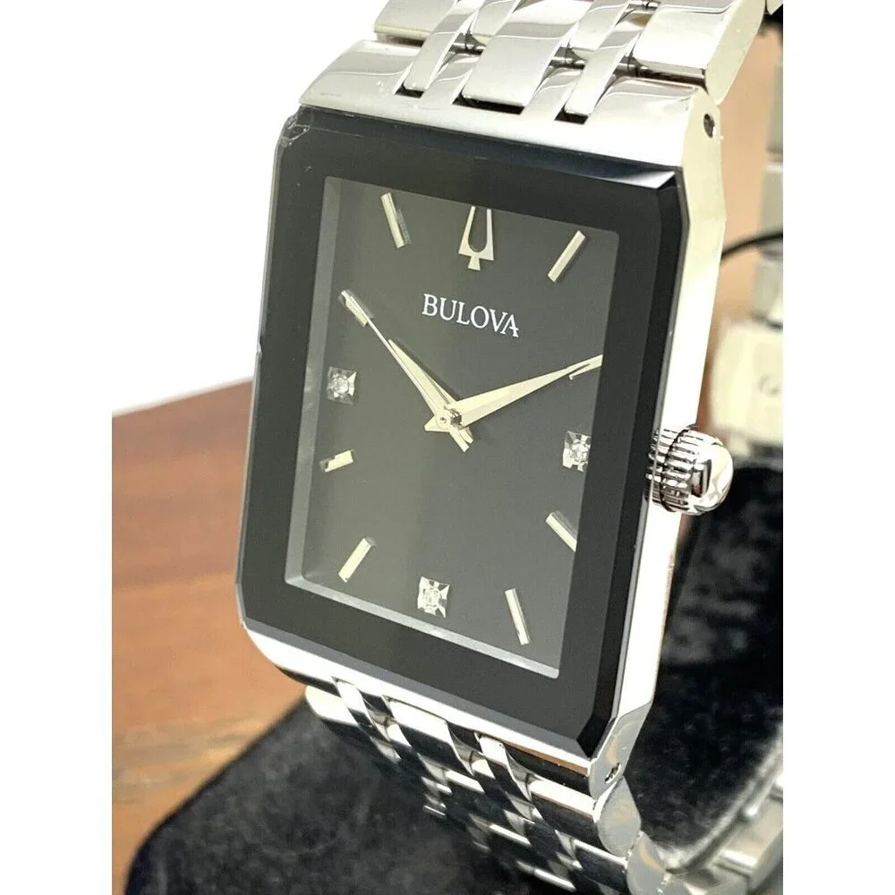 Bulova Men's Watch 96D145 Diamond Black Dial Silver Stainless Steel Quar…